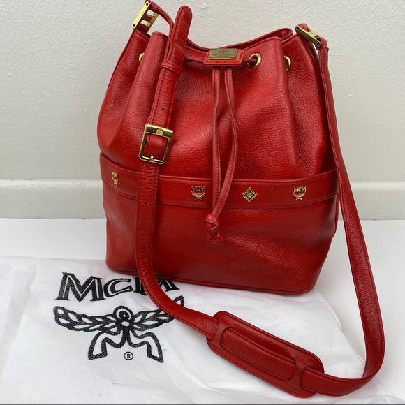 MCM Handbags - MCM Red Leather Crossbody Bucket Bag